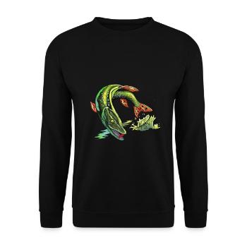 Raubfisch Angeln - Hecht - Angler Geschenk - Unisex Pullover - Schwarz - Vorne - Alina (178cm) & Michal (187cm)