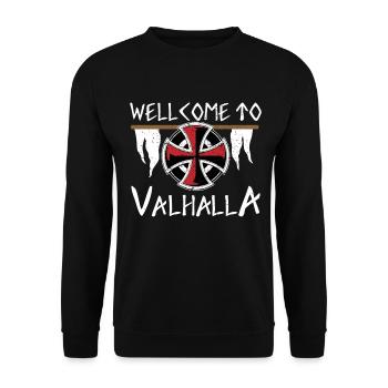 WELLCOME TO VALHALLA WILLKOMMEN IN WALHALLA VIKING - Unisex Pullover - Schwarz - Vorne - Alina (178cm) & Michal (187cm)