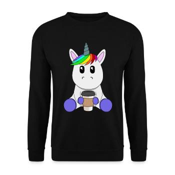 Einhorn mit Kaffeebecher to go - Unisex Pullover - Schwarz - Vorne - Alina (178cm) & Michal (187cm)