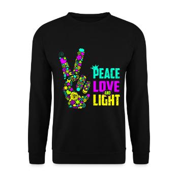 Peace Love Light Handzeichen Friedenssymbol Neon - Unisex Pullover - Schwarz - Vorne - Alina (178cm) & Michal (187cm)