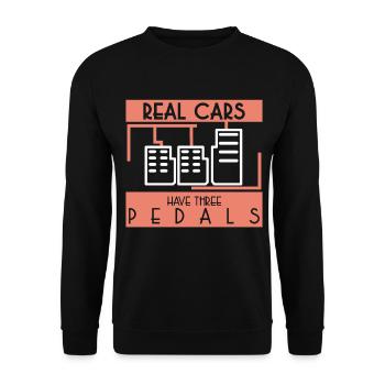 "Echte Autos haben 3 Pedale" Autoteile - Unisex Pullover - Schwarz - Vorne - Alina (178cm) & Michal (187cm)