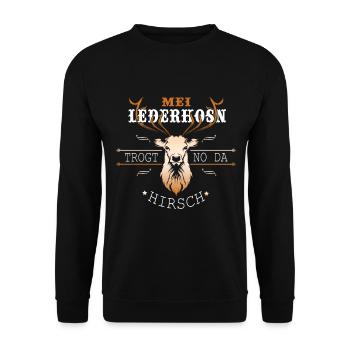 Mei Lederhosen Trogt No Da Hirsch - Unisex Pullover - Schwarz - Vorne - Alina (178cm) & Michal (187cm)