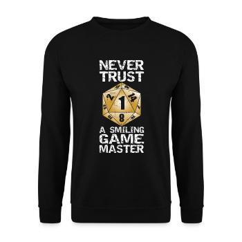 Never trust A Smiling Game Master Würfelspiel - Unisex Pullover - Schwarz - Vorne - Alina (178cm) & Michal (187cm)