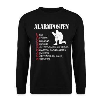 Bundeswehr Alarmposten Ablösegespräch LANGEMARK - Unisex Pullover - Schwarz - Vorne - Alina (178cm) & Michal (187cm)