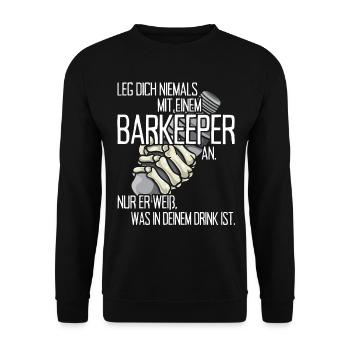 Leg Dich Niemals Mit Einem Barkeeper An Bartender - Unisex Pullover - Schwarz - Vorne - Alina (178cm) & Michal (187cm)
