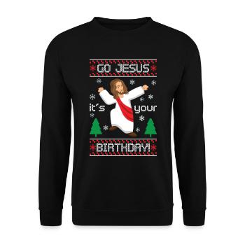 Go Jesus Its Birthday Christmas Sweater - Unisex Sweatshirt - black - Front - Alina (178cm) & Michal (187cm)