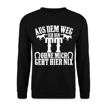 Tunier Trottel TT Reitsprüche Pferdesport Pferd - Unisex Pullover - Schwarz - Vorne - Alina (178cm) & Michal (187cm)