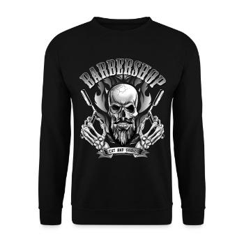 Barbershop Totenkopf oder Schädel mit Glatze - Unisex Pullover - Schwarz - Vorne - Alina (178cm) & Michal (187cm)