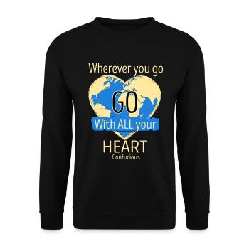 Reisen Herz Weltkarte Konfuzius Zitat Weltreise - Unisex Pullover - Schwarz - Vorne - Alina (178cm) & Michal (187cm)
