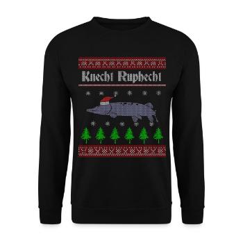 Knecht Ruphecht Ugly Christmas Angler Hecht - Unisex Pullover - Schwarz - Vorne - Alina (178cm) & Michal (187cm)