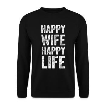 Happy wife happy life lustiges Sprüche Geschenk - Unisex Pullover - Schwarz - Vorne - Alina (178cm) & Michal (187cm)