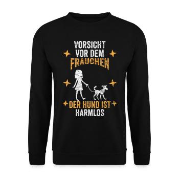 Hund Frauchen Gassi Spazieren Lustig - Unisex Pullover - Schwarz - Vorne - Alina (178cm) & Michal (187cm)