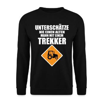Unterschätze nie einen alten Mann mit Trekker - Unisex Pullover - Schwarz - Vorne - Alina (178cm) & Michal (187cm)