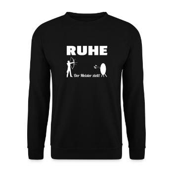 Ruhe! Der Meister zielt! Bogenschießen Bogensport - Unisex Pullover - Schwarz - Vorne - Alina (178cm) & Michal (187cm)
