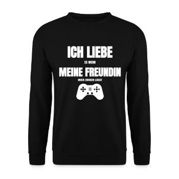 Ich Liebe es wenn meine Freundin mich Zocken lässt - Unisex Pullover - Schwarz - Vorne - Alina (178cm) & Michal (187cm)