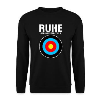 Ruhe! Der Meister zielt! Bogenschießen Bogensport - Unisex Pullover - Schwarz - Vorne - Alina (178cm) & Michal (187cm)