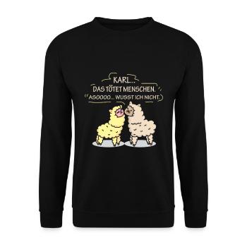 LUSTIGES LAMA COMIC KARL DAS TÖTET MENSCHEN SHIRT - Unisex Pullover - Schwarz - Vorne - Alina (178cm) & Michal (187cm)