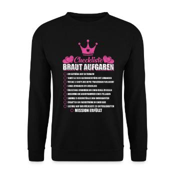 Junggesellenabschied JGA Checkliste Braut Aufgaben - Unisex Pullover - Schwarz - Vorne - Alina (178cm) & Michal (187cm)
