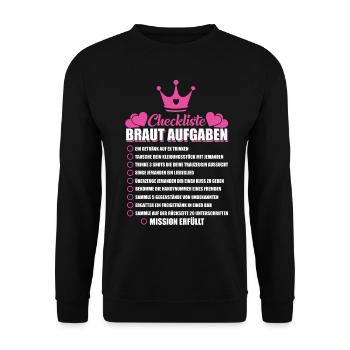 JGA Junggesellen Junggesellin Braut Checkliste - Unisex Pullover - Schwarz - Vorne - Alina (178cm) & Michal (187cm)