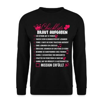 JGA Braut Aufgaben Checklisten T-Shirt Geschenk - Unisex Pullover - Schwarz - Vorne - Alina (178cm) & Michal (187cm)