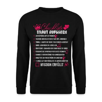 JGA Junggesellinnenabschied Abend Checkliste - Unisex Pullover - Schwarz - Vorne - Alina (178cm) & Michal (187cm)