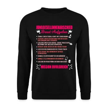JGA Aufgaben Braut Junggesellinnen Checkliste - Unisex Pullover - Schwarz - Vorne - Alina (178cm) & Michal (187cm)