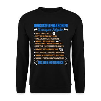 JGA Aufgaben Bräutigam Junggesellen Checkliste - Unisex Pullover - Schwarz - Vorne - Alina (178cm) & Michal (187cm)