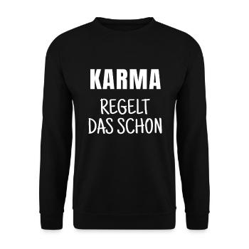 Karma Regelt Das Schon Geschenk - Unisex Pullover - Schwarz - Vorne - Alina (178cm) & Michal (187cm)
