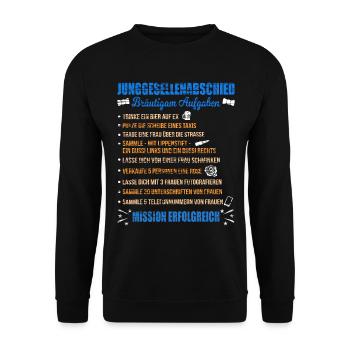 JGA Liste Junggeselle Mutprobe Bräutigam Aufgaben - Unisex Pullover - Schwarz - Vorne - Alina (178cm) & Michal (187cm)