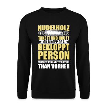 Denglisch lustige Sprüche Geschenkideen - Unisex Pullover - Schwarz - Vorne - Alina (178cm) & Michal (187cm)