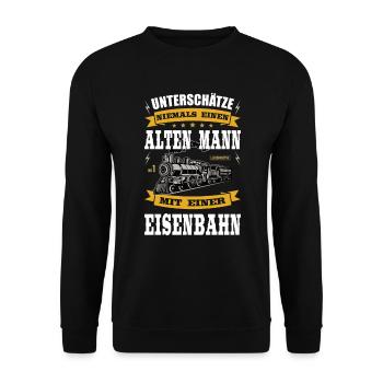 Alter Mann mit Eisenbahn Lokomotive Rentner Hobby - Unisex Pullover - Schwarz - Vorne - Alina (178cm) & Michal (187cm)