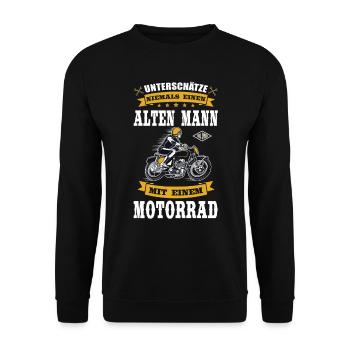 Alter Mann mit Motorrad Hobby Biker Rente - Unisex Pullover - Schwarz - Vorne - Alina (178cm) & Michal (187cm)