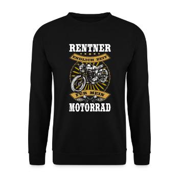 Rentner mit Motorrad Endlich Rente Hobby - Unisex Pullover - Schwarz - Vorne - Alina (178cm) & Michal (187cm)