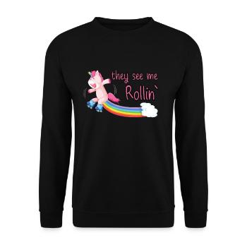 Einhorn Mit Rollschuhen They See Me Rollin - Unisex Pullover - Schwarz - Vorne - Alina (178cm) & Michal (187cm)