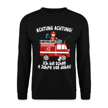 Achtung Feuerwehr schon 4 Jahre voll dabei - Unisex Pullover - Schwarz - Vorne - Alina (178cm) & Michal (187cm)
