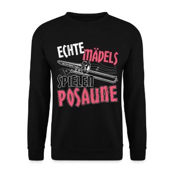 Posaunist | Posaune Geschenk für Posaunenspieler - Unisex Pullover - Schwarz - Vorne - Alina (178cm) & Michal (187cm)