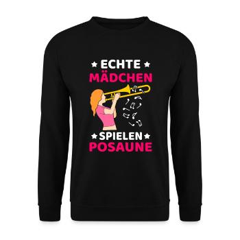 Echte Mädchen Spielen Posaune Posaunistin Posaunes - Unisex Pullover - Schwarz - Vorne - Alina (178cm) & Michal (187cm)