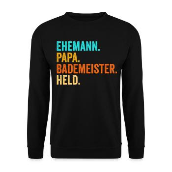 Bademeister Papa Held Schwimmen Rettungsschwimmer - Unisex Pullover - Schwarz - Vorne - Alina (178cm) & Michal (187cm)