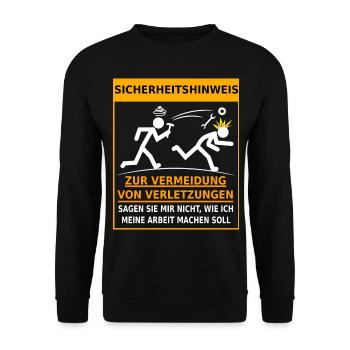 Sicherheitshinweis Arbeitsunfall Betriebsunfall - Unisex Pullover - Schwarz - Vorne - Alina (178cm) & Michal (187cm)