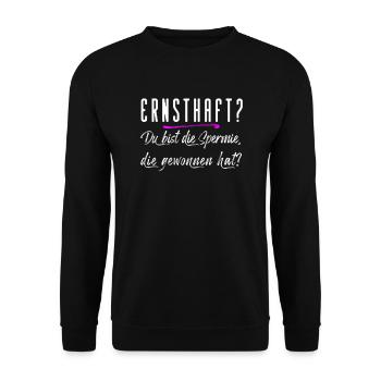 Du bist die Spermie, die gewonnen hat? Spaß Shirt - Unisex Pullover - Schwarz - Vorne - Alina (178cm) & Michal (187cm)