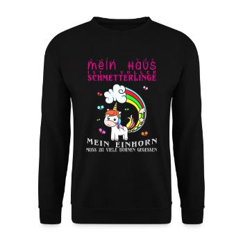 Einhorn Pups als Schmetterlinge und Regenbogen - Unisex Pullover - Schwarz - Vorne - Alina (178cm) & Michal (187cm)