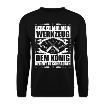 Dem König beliebt zu schrauben | Schrauber Spruch - Unisex Pullover - Schwarz - Vorne - Alina (178cm) & Michal (187cm)