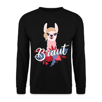 Braut Alpaka Lama Geschenk zum Polterabend - Unisex Pullover - Schwarz - Vorne - Alina (178cm) & Michal (187cm)
