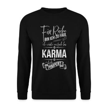 lustiger Karma Spruch Rache pimpert Meditation - Unisex Pullover - Schwarz - Vorne - Alina (178cm) & Michal (187cm)