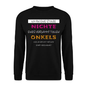 Ich bin eine Stolze Nichte toller Onkel - Unisex Pullover - Schwarz - Vorne - Alina (178cm) & Michal (187cm)