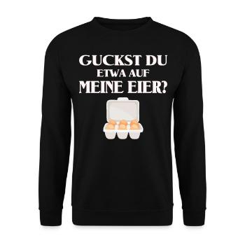 Guckst du etwa auf meine Eier, Lustig zweideutig - Unisex Pullover - Schwarz - Vorne - Alina (178cm) & Michal (187cm)