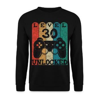 Level 30 Unlocked 30. Geburtstag Retro Geschenk - Unisex Pullover - Schwarz - Vorne - Alina (178cm) & Michal (187cm)