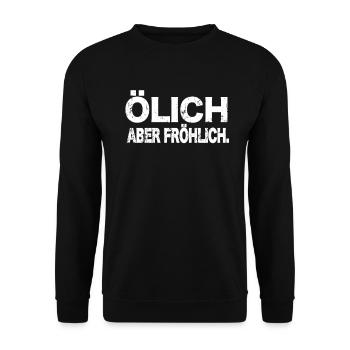 Lustiger Auto Mechniker Spruch Ölich aber Fröhlich - Unisex Pullover - Schwarz - Vorne - Alina (178cm) & Michal (187cm)