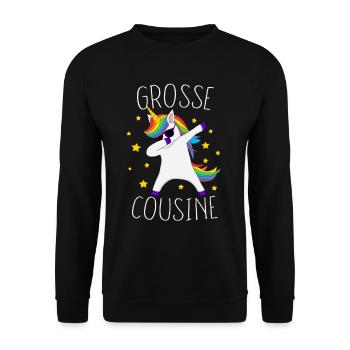 Große Cousine Einhorn - Unisex Pullover - Schwarz - Vorne - Alina (178cm) & Michal (187cm)