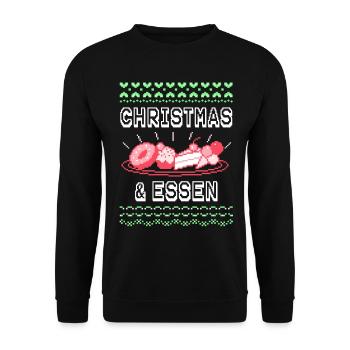 Ugly Christmas Weihnachten Esse Weihnachtsessen - Unisex Pullover - Schwarz - Vorne - Alina (178cm) & Michal (187cm)